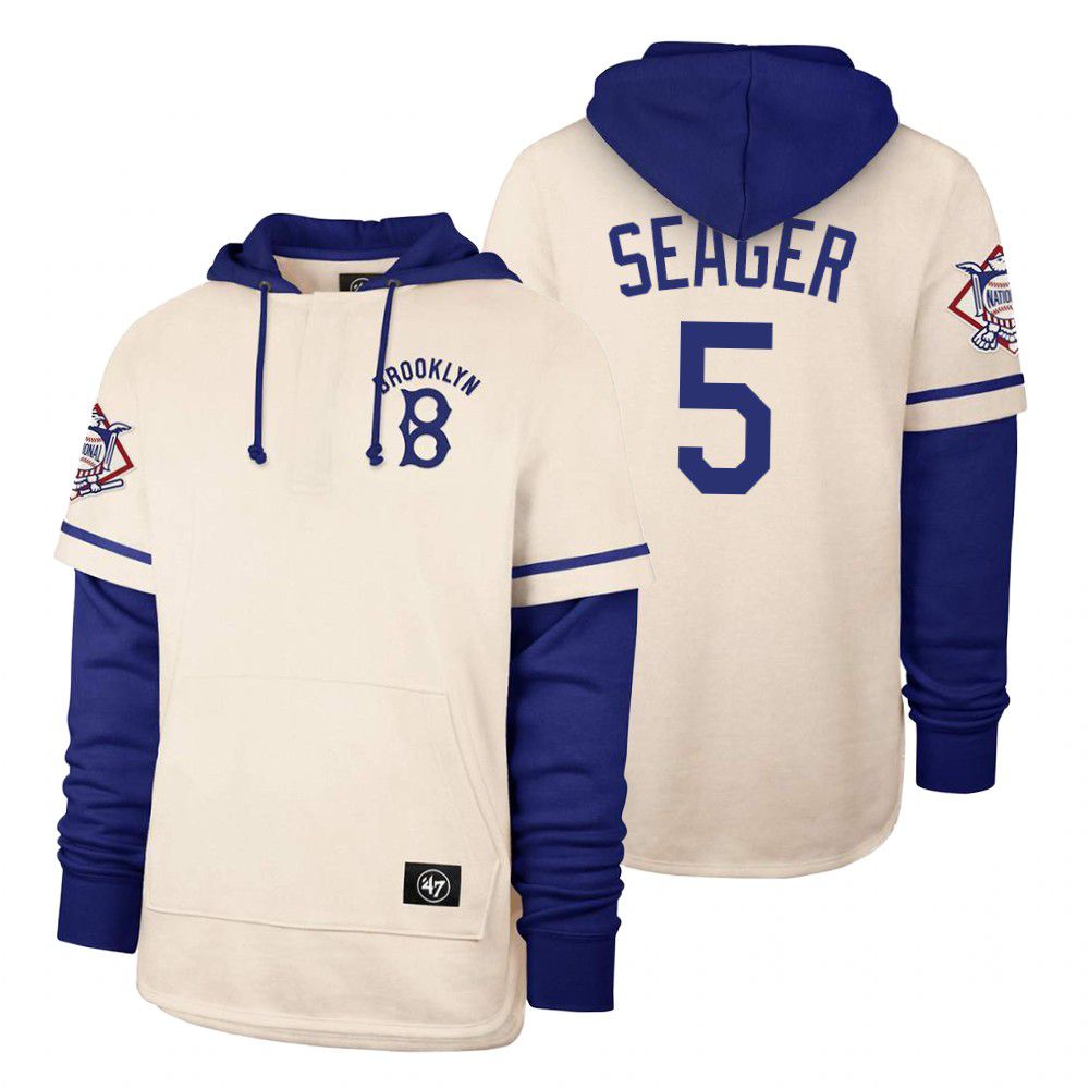 Men Los Angeles Dodgers 5 Seager Cream 2021 Pullover Hoodie MLB Jersey